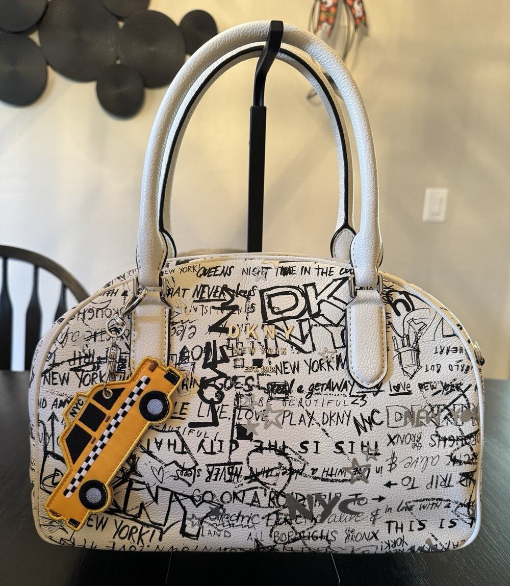DKNY Black White Graffiti Print Dome Satchel Crossbody Bag With NYC Taxi Charm
